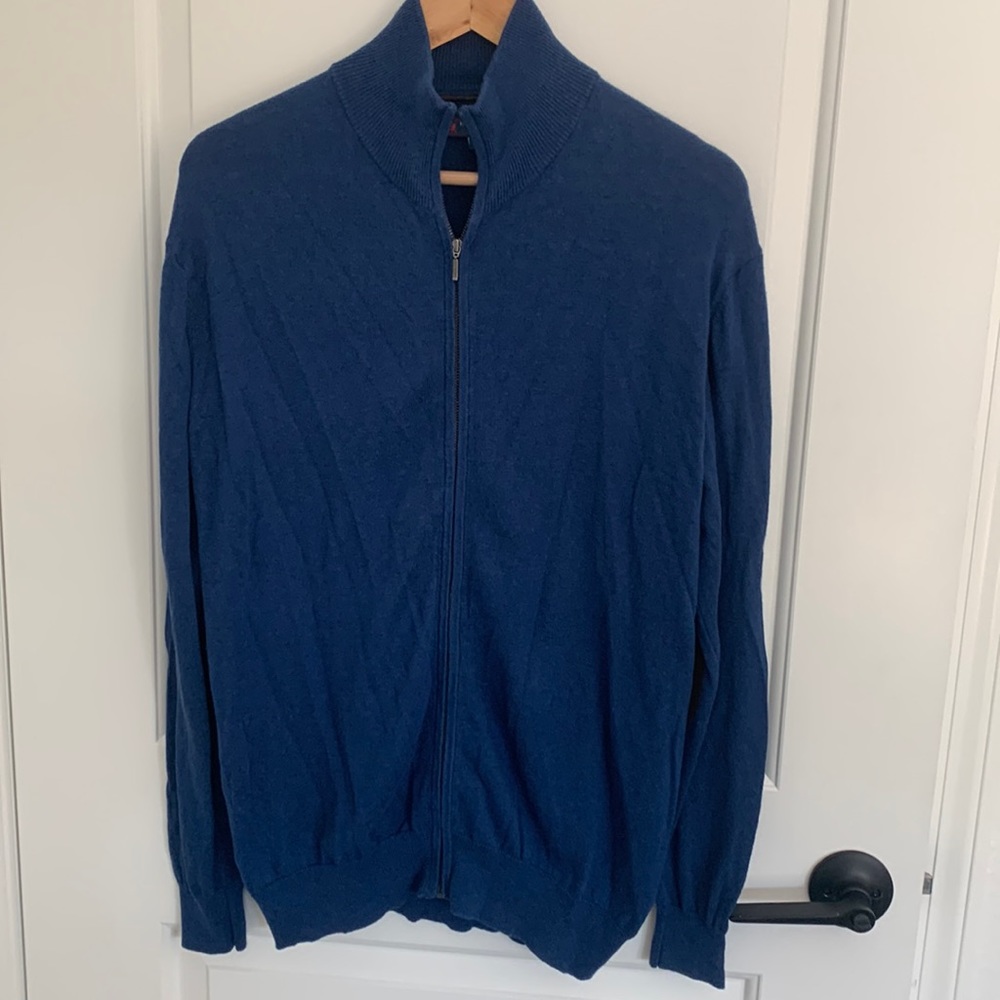 Harry Wilson Blue Men’s Cardigan with Brown Elbow Patches